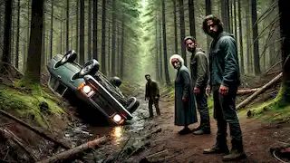 Three men approach the family by their overturned car in a dark forest, tension filling the air.