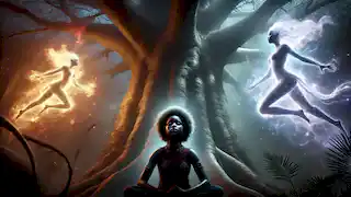 Guardian Nia meditates beneath the Baobab tree, her face intense, as dark visions of fire and danger loom around her.