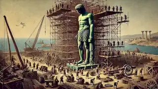 Workers constructing the Colossus of Rhodes, with scaffolding and partially completed bronze statue visible.