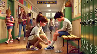 Talia helps Marco tie his shoes in a school hallway.