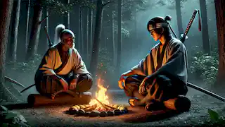 Kenshin meditates by a campfire with Sōjōbō watching, in the moonlit forest.