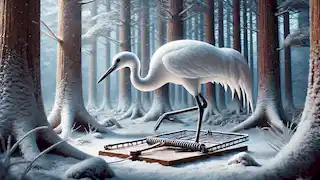 A white crane trapped in a snow-covered forest clearing, struggling in a hunter's trap.