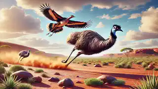 Emu sprinting on the ground and Jabiru soaring in the sky in the Australian Outback.