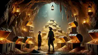 Jim Hawkins and Ben Gunn discover the hidden treasure inside a dimly lit cave filled with gold coins and chests.