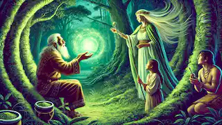 Yari, the Moon Goddess, gifts the glowing yerba mate plant to Guacurari and Yara in the forest