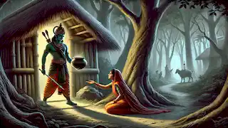 Ravana disguised as an ascetic with a begging bowl approaches Sita near her forest hut to abduct her.