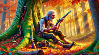 Rip Van Winkle waking up under a tree, looking at his rusted gun.