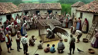 Villagers gather around the chicken coop, throwing food and poking at the old man with enormous wings.