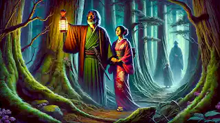 Ayako and the priest, Takeshi, walking through a dense forest with a lantern lighting their way.