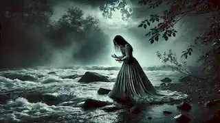 Maria stands in despair by the river at night, with mist rising from the water and a dim moon casting light over the scene.