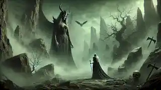 Brynhildr negotiates with Hel in the dark, misty landscape of Helheim, seeking the release of the dead.