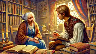 An elderly woman recounting the story of the Pied Piper to a visiting scholar.