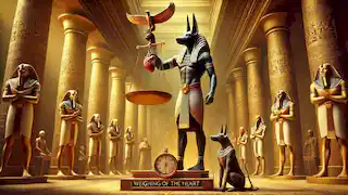 Anubis stands by the scales in the Weighing of the Heart ceremony, with Thoth recording the results in a grand hall.