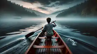 Awan rowing his canoe into the misty, still waters of the lake at dawn, venturing toward the forbidden depths.