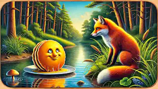 The pancake encounters a sly fox by a river, both appearing cautious and curious about each other.