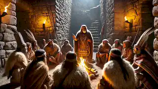 Chachapoya warriors gather in a stone hall, discussing defense strategies for their fortress.