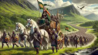 Queen Medb leads her army through Irish hills, riding a regal chariot, surrounded by warriors in Celtic armor and banners.