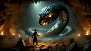 Inside a dark cave, Amaru faces a gigantic glowing-eyed serpent, holding a glowing stone as his only light source.