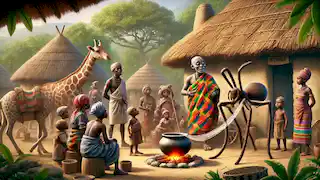 Anansi the spider talks to villagers as they tie a thread around a cooking pot in a lively village setting.