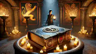 Clara holds a glowing pendant in Grafen Castle's underground chamber while a lion watches beside murals of family history.