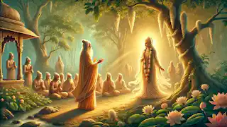  Kamadhenu's peaceful departure with Sage Vasishta praying beside her, surrounded by disciples in a lush Ashram setting.