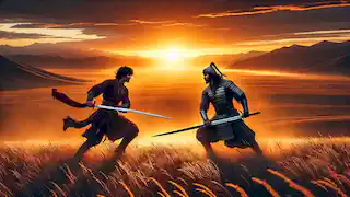 Kozi-Korpesh and Khodzhar duel on the steppes at sunrise, their weapons clashing in a battle of honor and love.