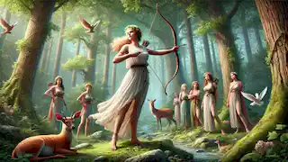 Artemis in a forest, surrounded by nymphs and animals, bow drawn in a serene, mystical scene.