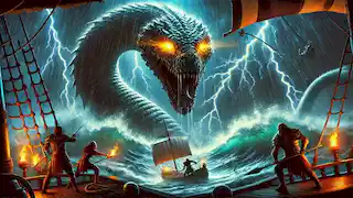 The Sea Serpent emerges from the ocean, its glowing eyes fixated on the crew as they bravely battle the creature.