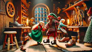 Two elves dancing joyfully in their new outfits, surrounded by tools and shoes in the workshop