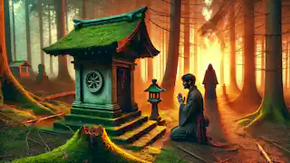  The merchant kneels in prayer at an ancient forest shrine, with the faceless woman silently watching from the shadows.