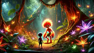 Young Kai, awestruck, meets the Curupira in a magical Amazon grove with glowing flowers and luminescent creatures.