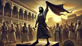 Kaveh, the blacksmith, holds his apron as a banner, rallying people to fight against Zahhak's tyranny.