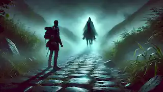 A lone traveler on a misty road looks back in fear as a shadowy figure of the Dullahan approaches in the distance.