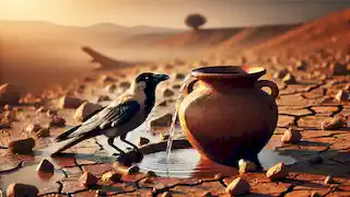 The crow drinks from the pot, now full of water, with scattered pebbles around and a dry tree in the background.