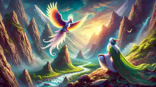 Zal stands on a mountain seeking guidance from a majestic bird, with the sun rising in the background.