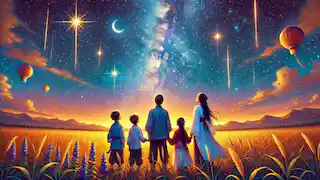 Niulang, Zhinu, and their children look up at the stars, cherishing their love.