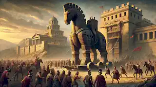 The Trojan Horse is pulled into the city of Troy as citizens and soldiers celebrate their apparent victory.