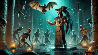 Itzamná confronts Camazotz, the bat god, in the eerie, glowing underworld of Xibalba.