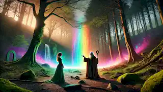 Aoife faces the old man in a mystical clearing where the rainbow cascades like a glowing waterfall in the Irish woods.