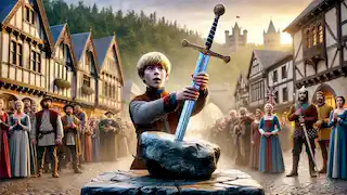 Arthur pulls Excalibur from the stone in a medieval square as the townspeople watch in awe.