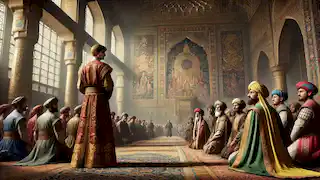 Arash speaks before the Shah in Persia's palace, surrounded by curious emissaries.