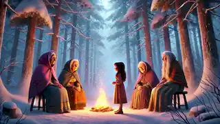 The girl stands before three wise old women in a snowy, enchanted forest with a small fire glowing nearby.