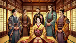 Five noble princes stand respectfully before Kaguya-hime, each longing to win her love in a traditional Japanese home.