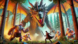 Battle with the Dragon: A fierce dragon towering over the giants with Liam hidden in the forest, ready to execute his plan. The scene is vibrant with detailed textures, showing the dragon's scales, the giants' fear, and Liam's determination.