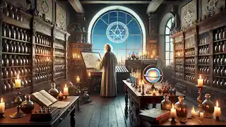 An alchemist in a workshop filled with books, charts, and glowing orbs in a mystic setting with a view of the stars.