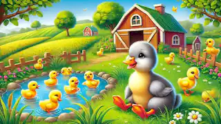 A sad gray duckling sits alone near the farm while other yellow ducklings play together.