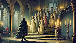 The soldier, invisible, follows the twelve princesses down a hidden staircase lit by candlelight in the grand castle.