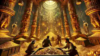 Inside the golden temple, Rodrigo and his men marvel at piles of treasure as cracks form in the walls.