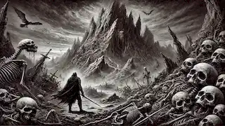 Bahram stands at the Mountain of Bones, surrounded by skeletal remains and eerie spirits in a bleak landscape.