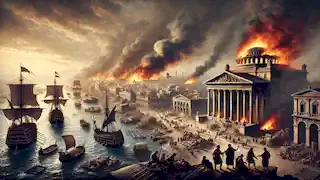 Julius Caesar’s siege of Alexandria with burning ships and smoke rising, as the Library is threatened by fire.